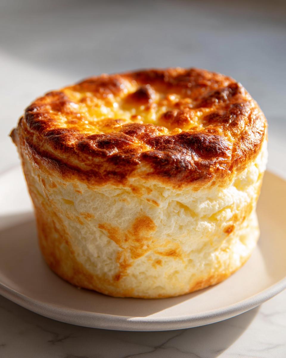 A tall, perfectly risen classic cheese soufflé with a golden-brown, crusty top, served on a small white plate.