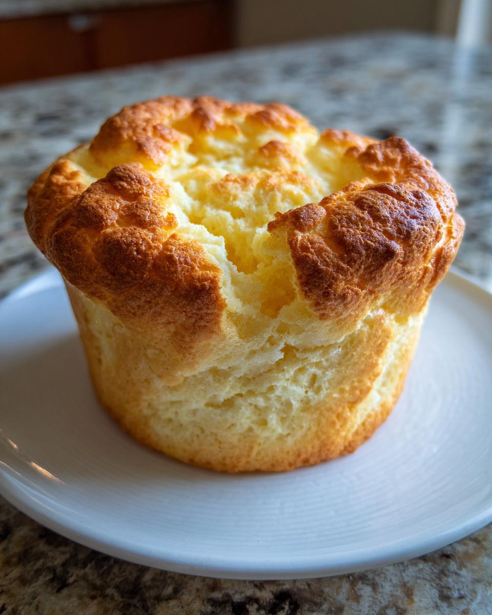A tall, golden-brown Classic cheese soufflé that has risen beautifully, served on a white plate.
