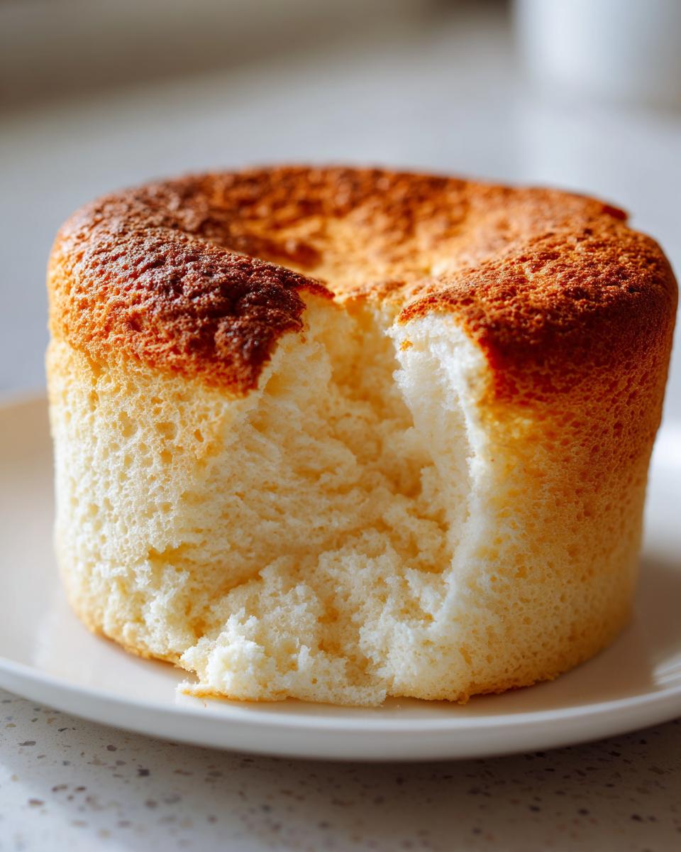Close-up of a perfectly risen Classic cheese soufflé showing its light, airy interior texture after a piece has been removed.
