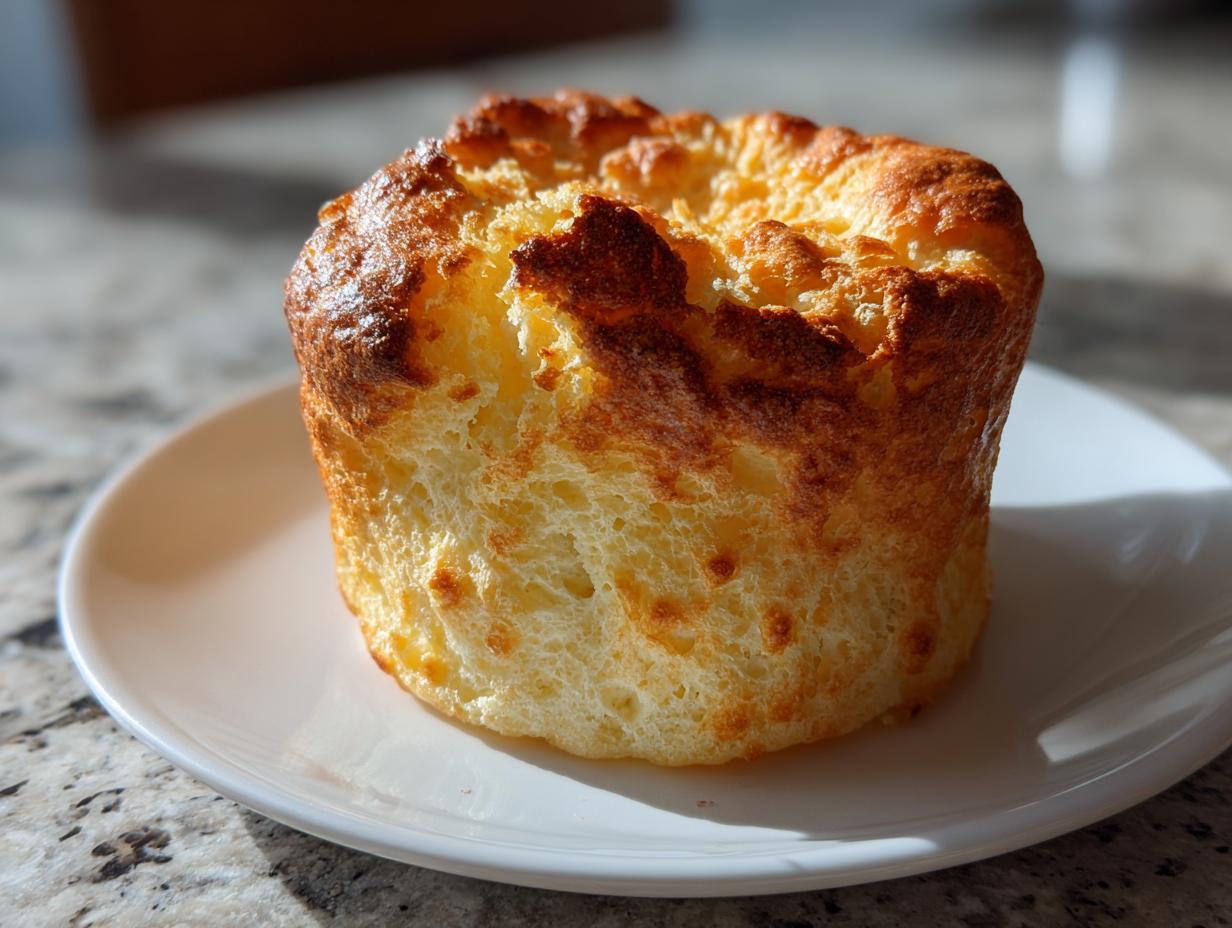 A golden-brown, perfectly risen classic cheese soufflé served individually on a small white plate.