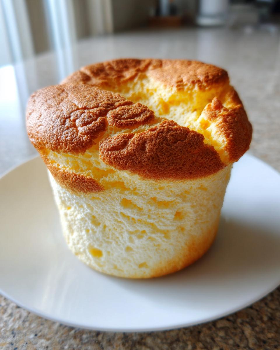 A tall, perfectly risen individual Classic cheese soufflé with a golden brown top, served on a white plate.