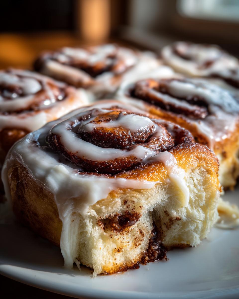 A close-up of a soft, fluffy classic cinnamon roll with thick white icing, showing a bite taken out of the side.