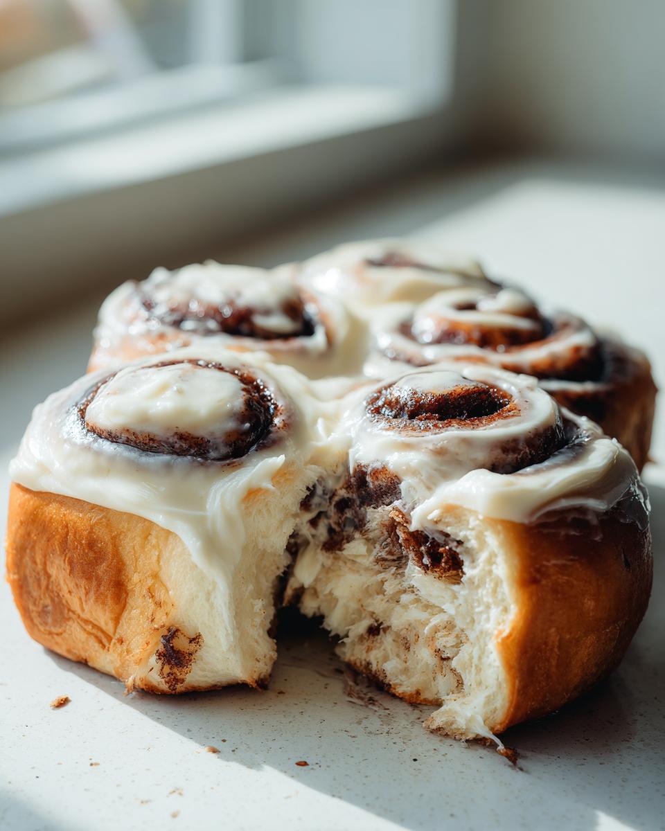 A close-up of a soft, gooey Classic cinnamon roll with rich cream cheese frosting, one piece pulled away to show the fluffy interior.