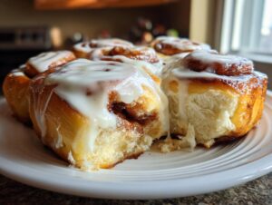 A close-up of several gooey Classic cinnamon roll pastries covered in thick white icing, served on a white plate.