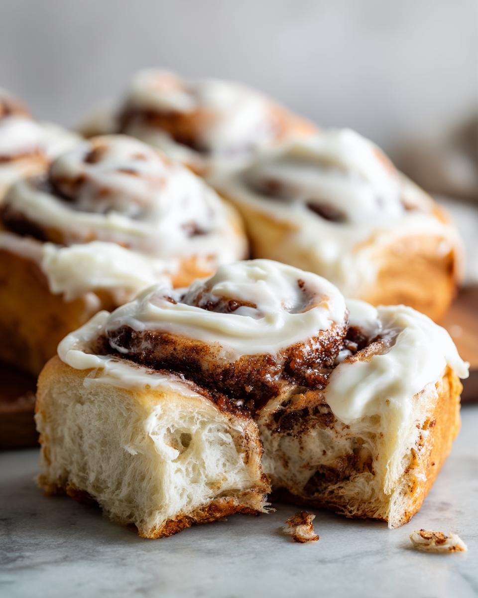 Close-up of a fluffy Classic cinnamon roll split in half showing the soft interior and rich cinnamon swirl, topped with white cream cheese frosting.