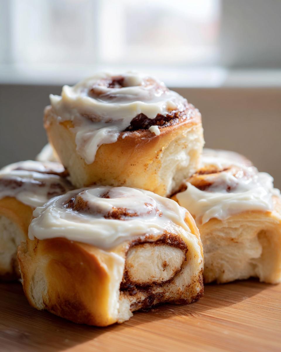 Close-up of several gooey Classic cinnamon roll pastries stacked on a wooden board, topped with thick white icing.