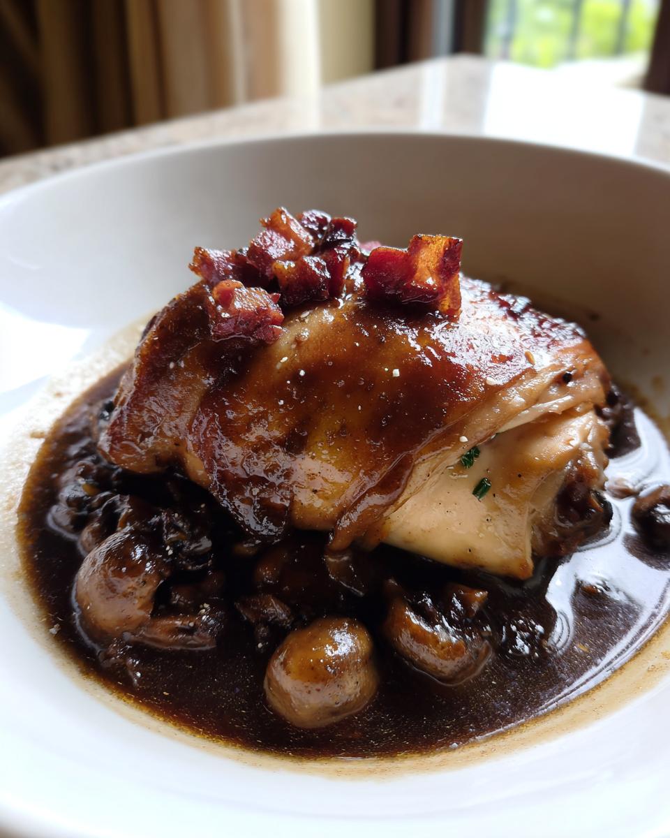 A close-up of a piece of chicken smothered in rich, dark sauce with mushrooms, representing Classic coq au vin, topped with lardons.