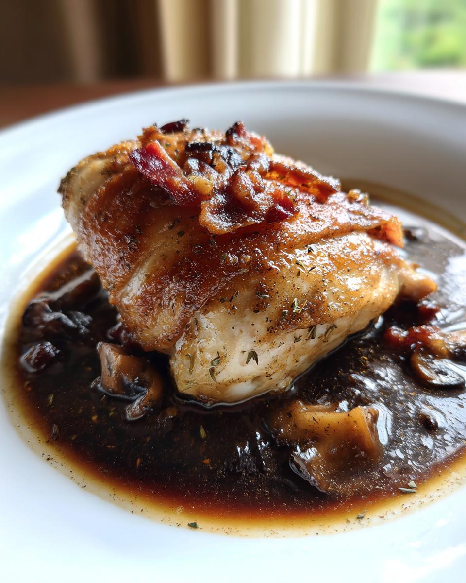 A close-up of a browned chicken piece topped with bacon, resting in a rich, dark sauce with mushrooms, part of a Classic coq au vin.