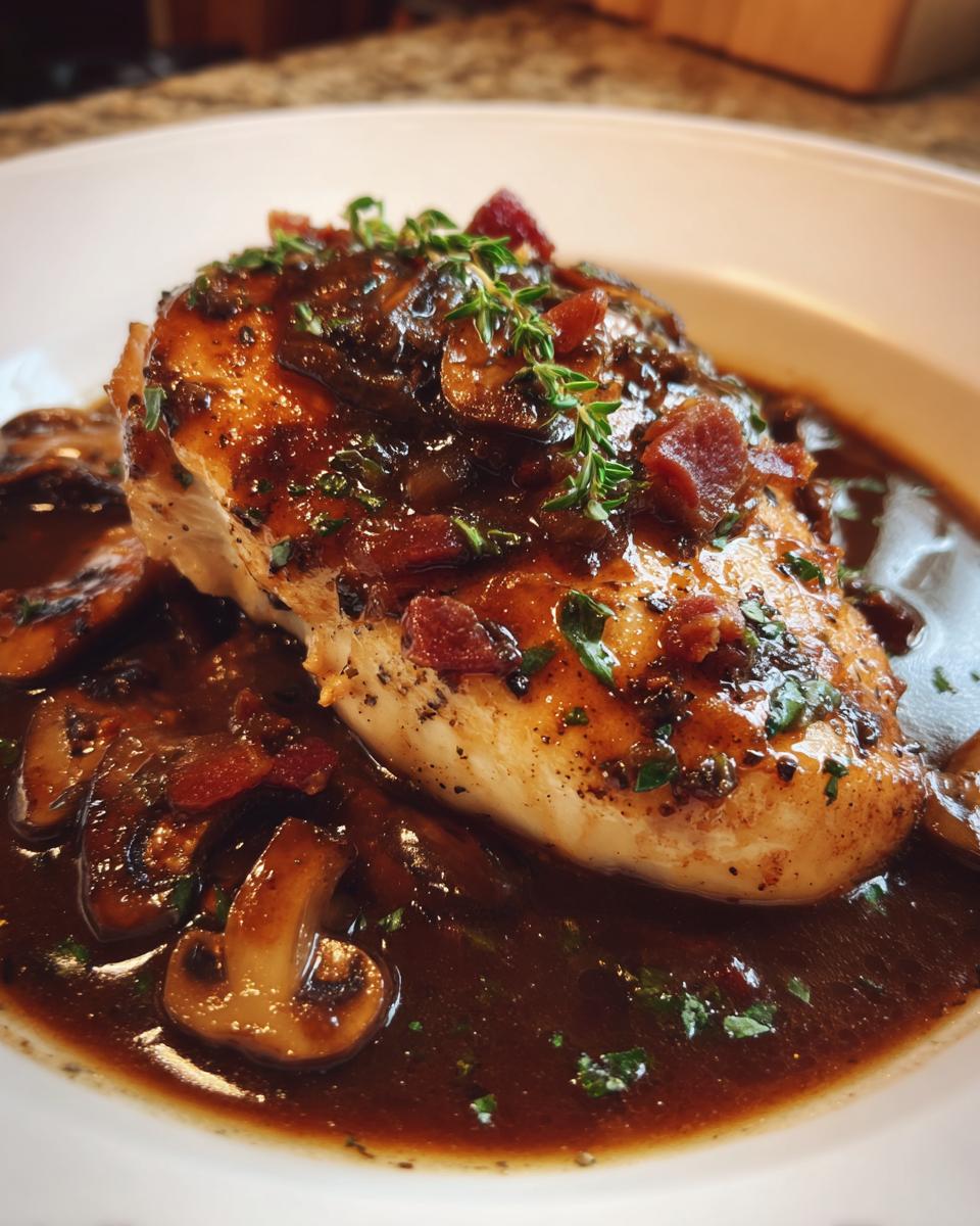 Close-up of a tender chicken breast smothered in rich brown sauce with mushrooms, bacon, and fresh thyme for Classic coq au vin.