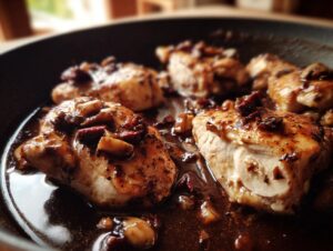 Close-up of perfectly cooked chicken pieces simmering in a dark, rich sauce with bacon and mushrooms for Classic coq au vin.