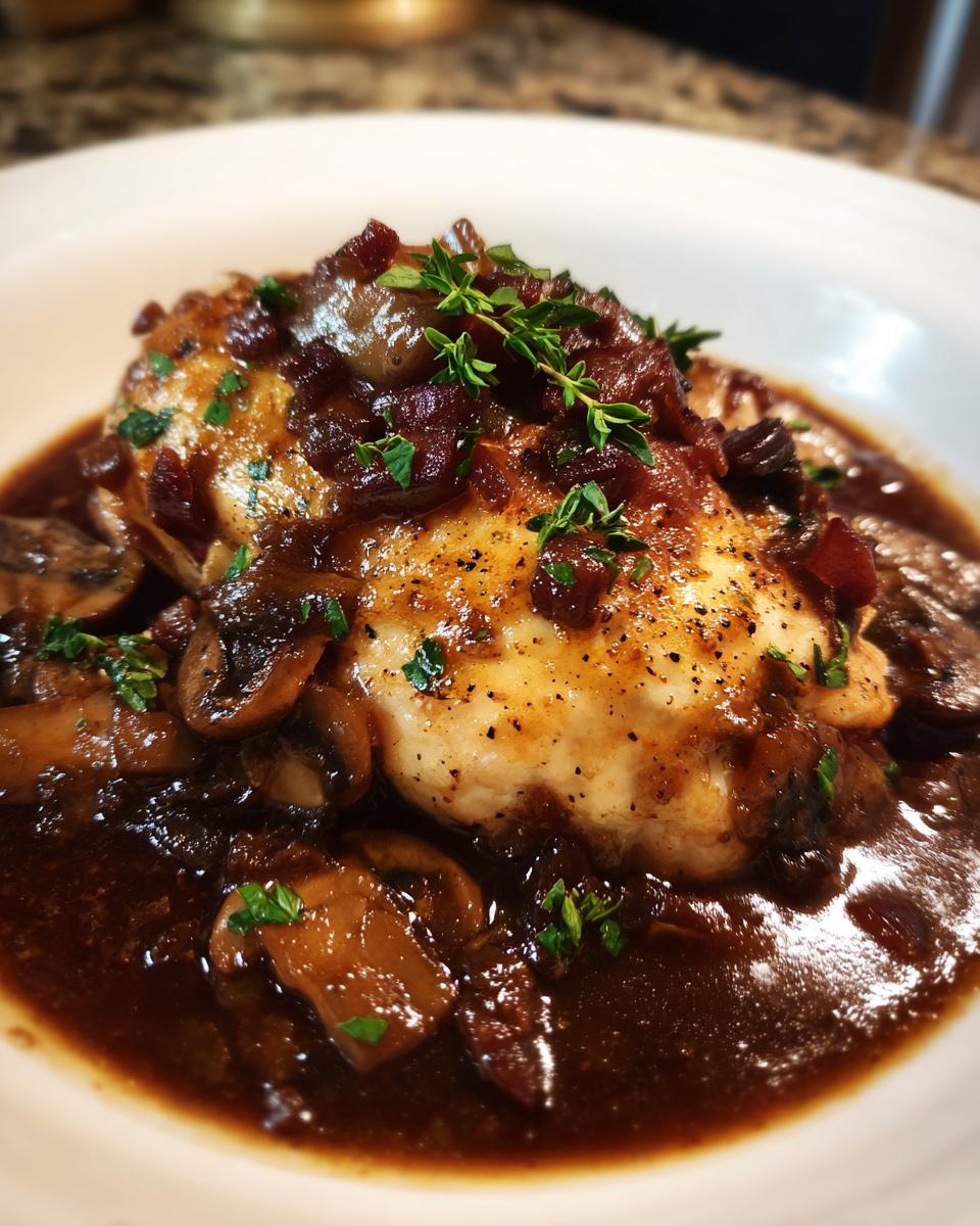 A close-up of a serving of Classic coq au vin featuring chicken breast in a rich, dark wine sauce with mushrooms and bacon bits.