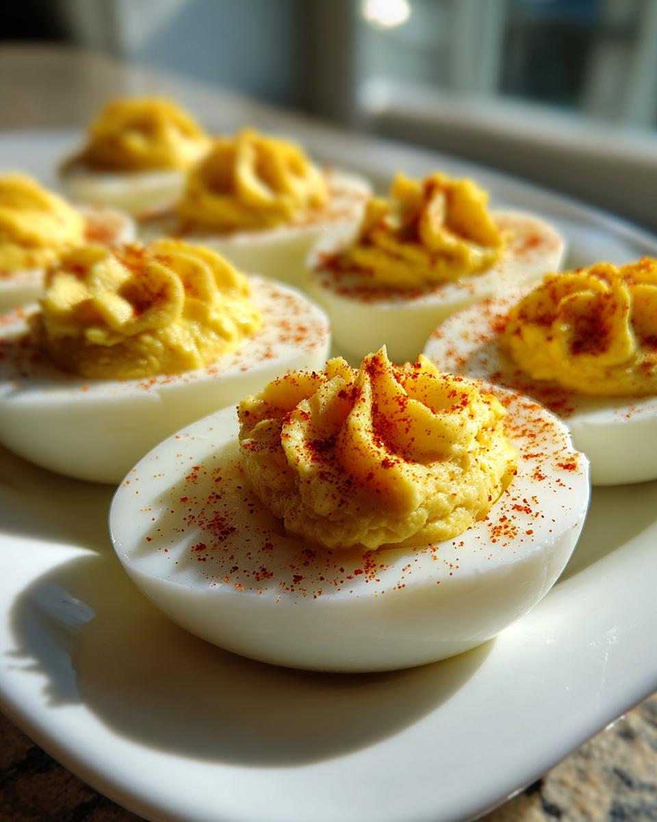 Close-up of several Classic deviled egg halves filled with piped yolk mixture and sprinkled with paprika.