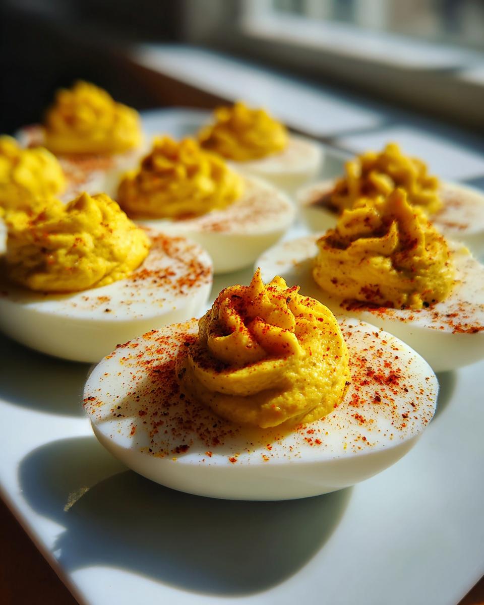 Close-up of several Classic deviled eggs with piped yellow filling, sprinkled with paprika, on a white platter.