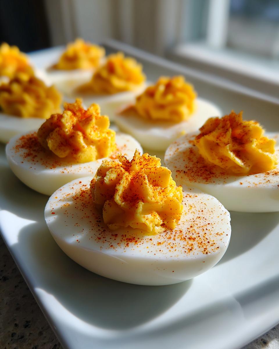 Close-up of several Classic deviled egg halves piped with creamy filling and sprinkled with paprika on a white serving dish.