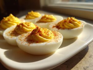 A close-up of several beautifully piped Classic deviled egg halves dusted with paprika on a white platter.