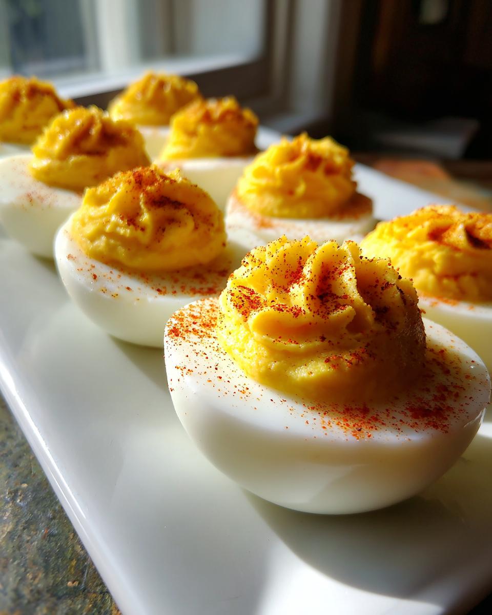 Close-up of several Classic deviled egg halves arranged on a white platter, topped with piped yolk filling and sprinkled paprika.