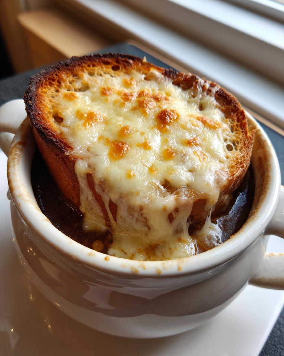 Close-up of a bowl of rich French onion soup topped with a thick, toasted crouton covered in melted, bubbly Gruyère cheese.