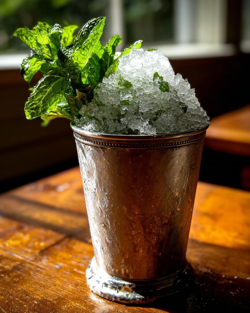 A frosty copper cup filled with crushed ice and garnished with a large sprig of fresh mint for a Classic mint julep.