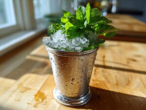 A perfectly prepared Classic mint julep cocktail served in a frosted silver julep cup, overflowing with crushed ice and fresh mint.