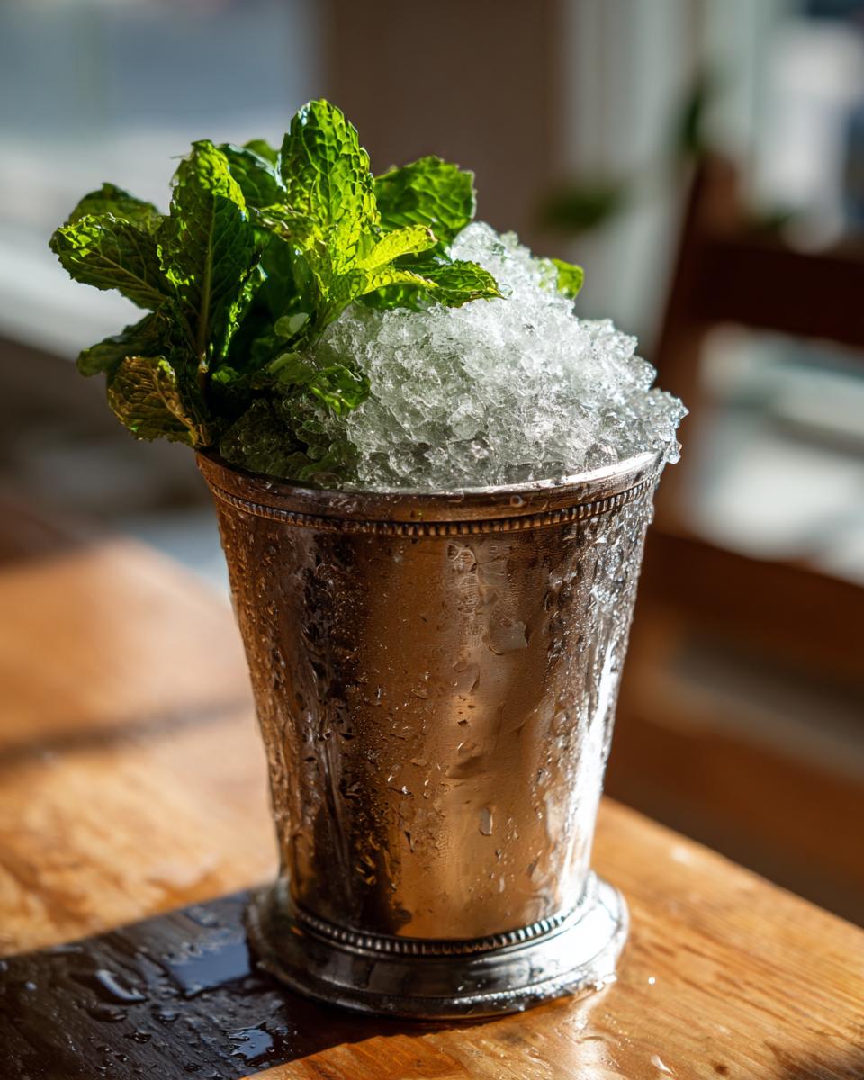 A frosty silver julep cup filled with crushed ice and garnished with fresh mint, representing a Classic mint julep.