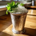 A frosty silver cup filled with crushed ice and garnished with fresh mint for a Classic mint julep cocktail.