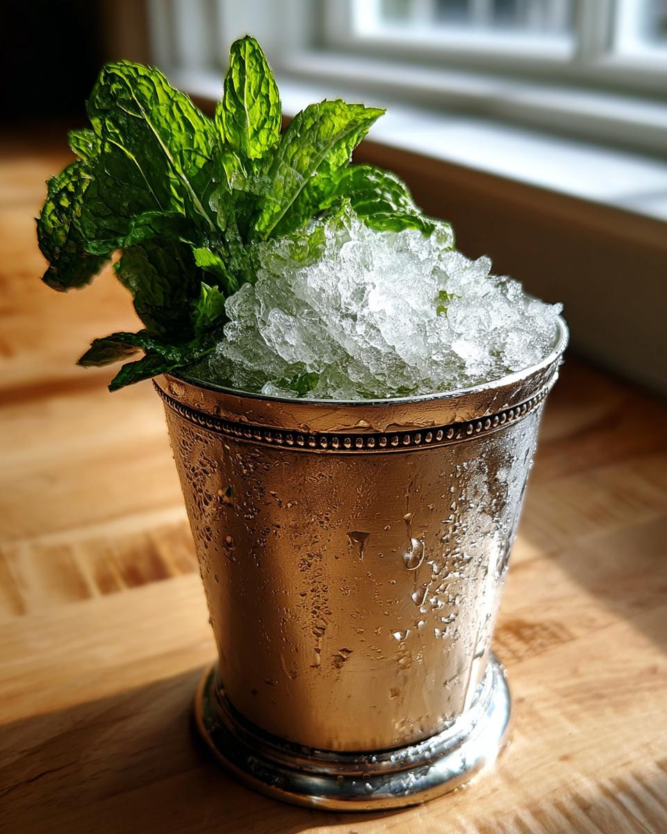 A refreshing Classic mint julep served in a frosty silver julep cup, topped with crushed ice and a large sprig of fresh mint.
