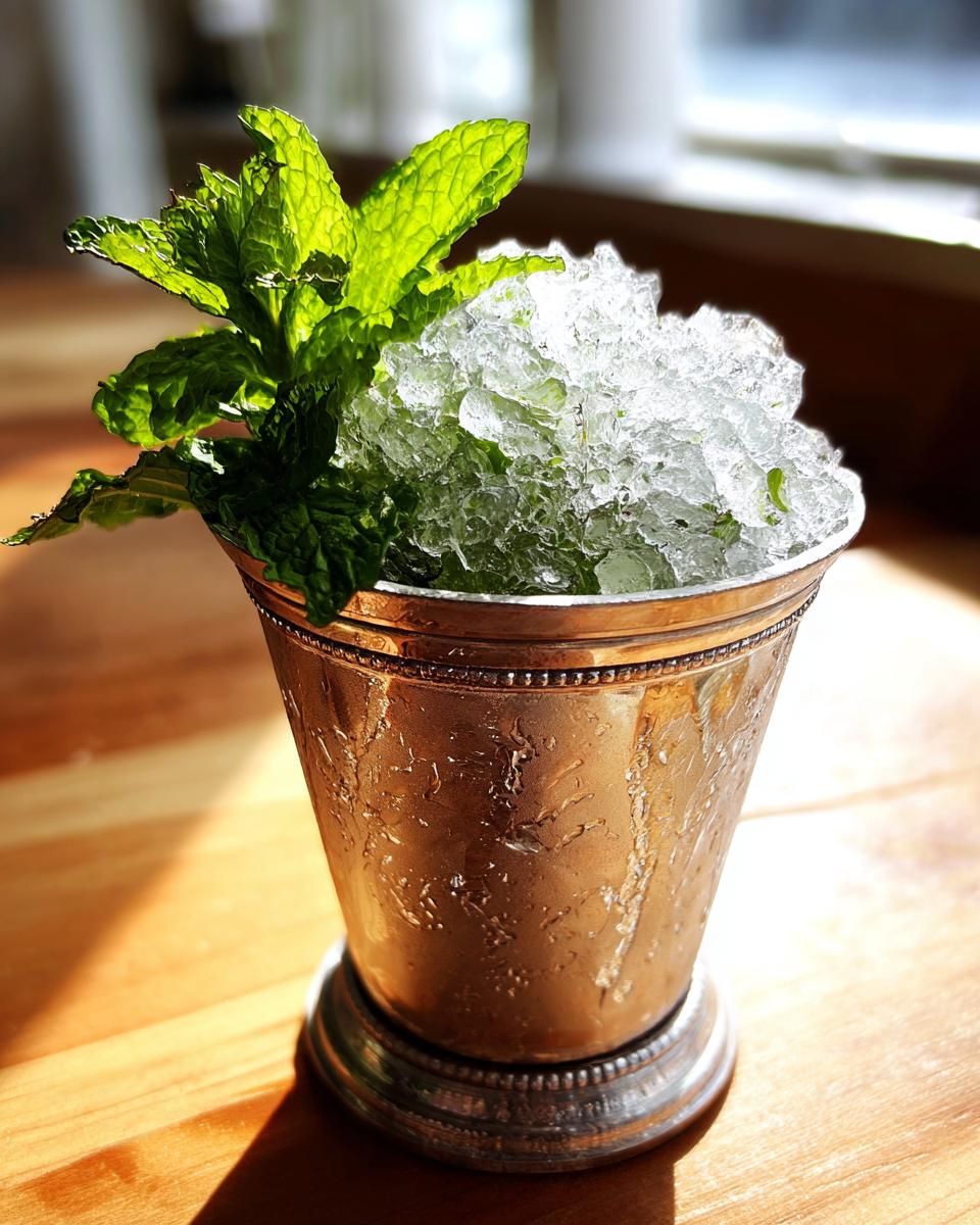 A close-up of a Classic mint julep served in a frosty silver julep cup, topped with crushed ice and fresh mint sprigs.