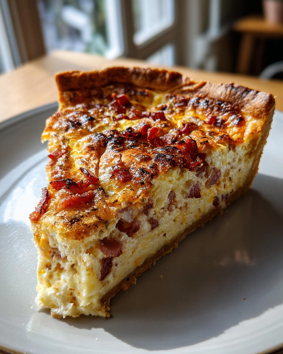 A tall, golden slice of Classic Quiche Lorraine featuring a creamy egg filling studded with bacon pieces, served on a grey plate.