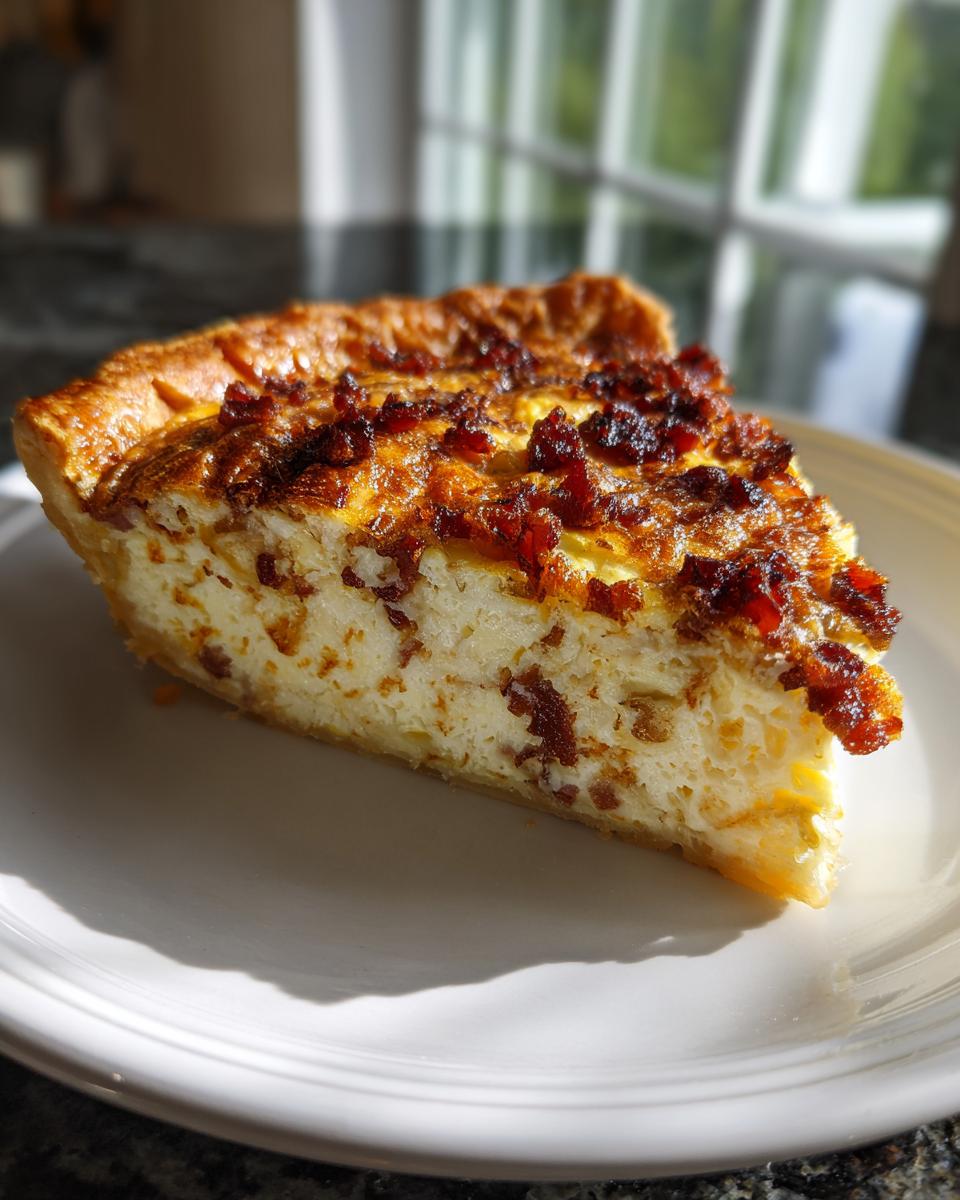 A close-up slice of Classic quiche Lorraine with a creamy filling and crispy bacon pieces on top, served on a white plate.