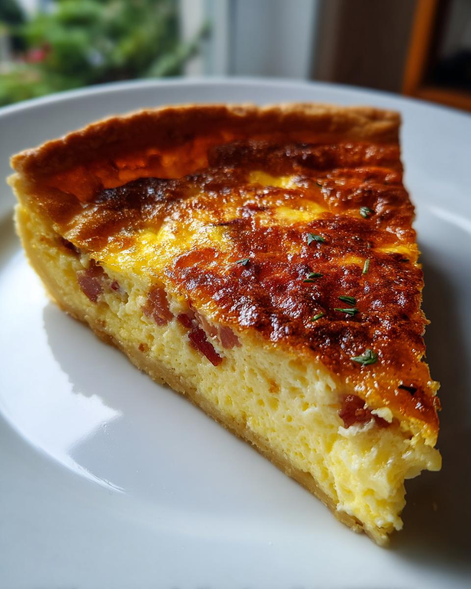 A perfect slice of Classic quiche Lorraine featuring a rich, browned top and visible bacon pieces in the creamy filling.