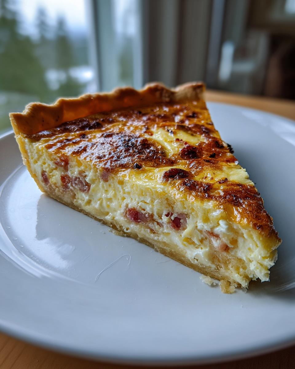A perfect slice of Classic quiche Lorraine featuring a rich, creamy filling with bacon pieces and a beautifully browned top.