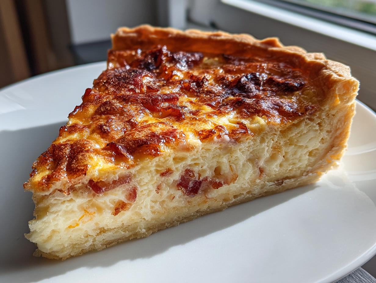 A perfect slice of Classic Quiche Lorraine showing a creamy filling with bacon pieces and a beautifully browned top.