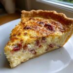 A perfect slice of Classic quiche Lorraine showing the creamy egg filling and bacon pieces on a white plate.