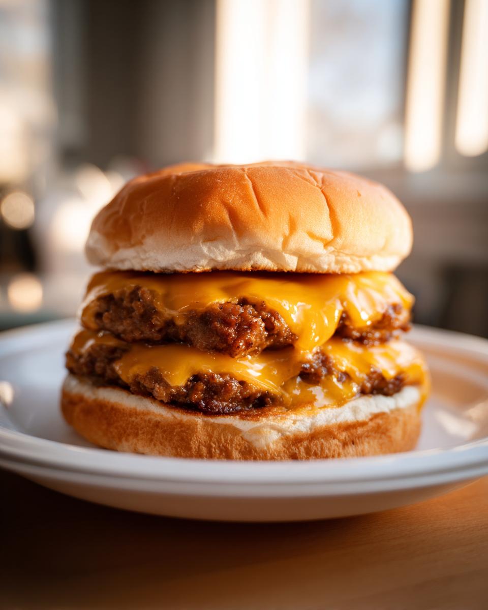 A delicious double patty Classic smash burger with perfectly melted American cheese on a soft bun.