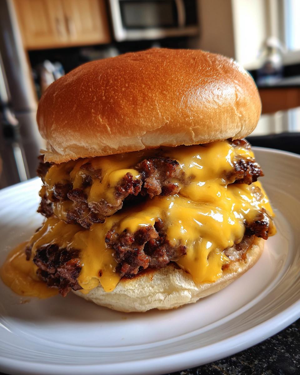 Close-up of a juicy double Classic smash burger stacked high with two smashed patties and dripping melted American cheese on a toasted bun.