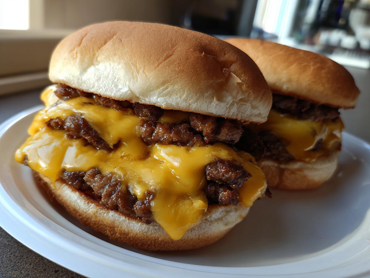 Two delicious classic smash burger patties layered with melted American cheese between soft buns.