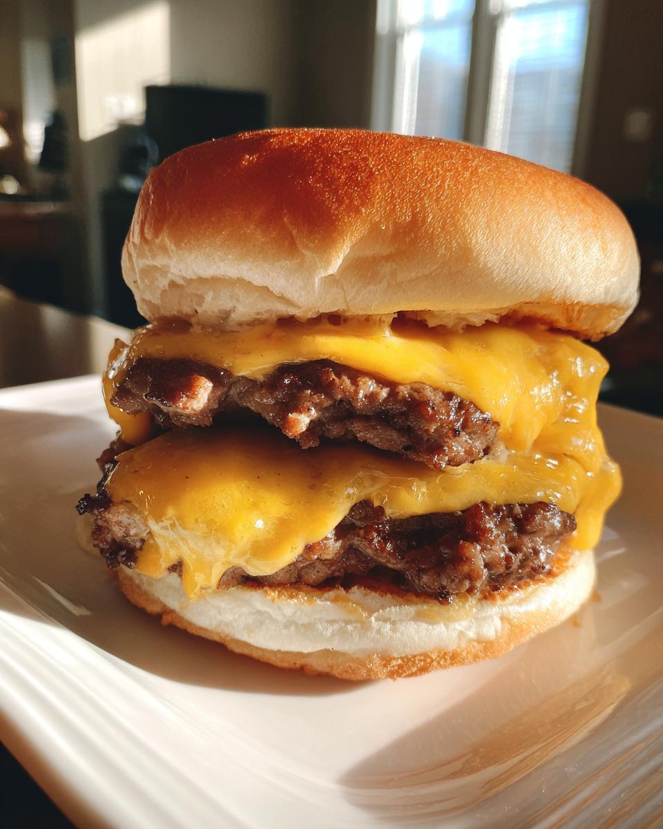Close-up of a juicy double Classic smash burger featuring two thin, seared patties covered in perfectly melted American cheese on a soft bun.
