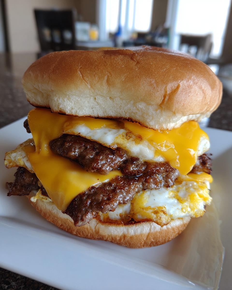 A towering Classic smash burger featuring two smashed patties, melted American cheese, and fried eggs on a toasted bun.
