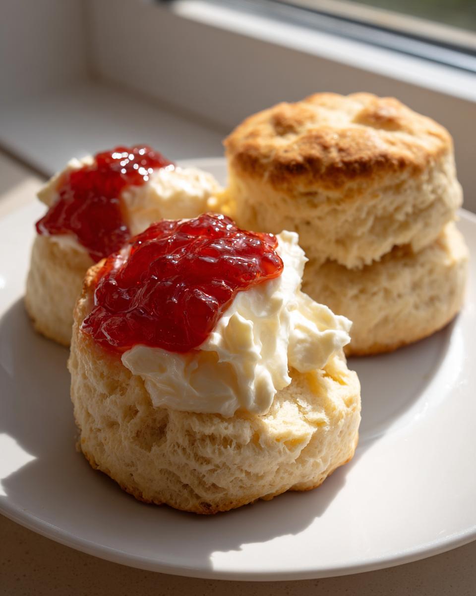 Close-up of a freshly baked clotted cream scone topped with thick cream and bright red jam, sitting on a white plate.