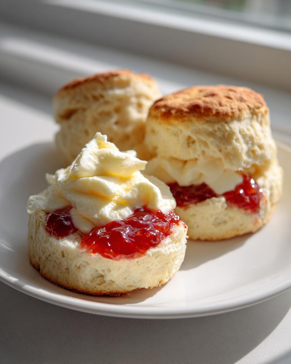 Three freshly baked clotted cream scones served on a white plate, one topped generously with jam and clotted cream.