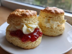 Two freshly baked clotted cream scones, one split and generously filled with clotted cream and bright red jam.