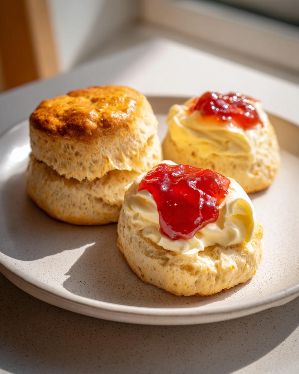 Three freshly baked clotted cream scones, two topped with clotted cream and strawberry jam, served on a light plate.