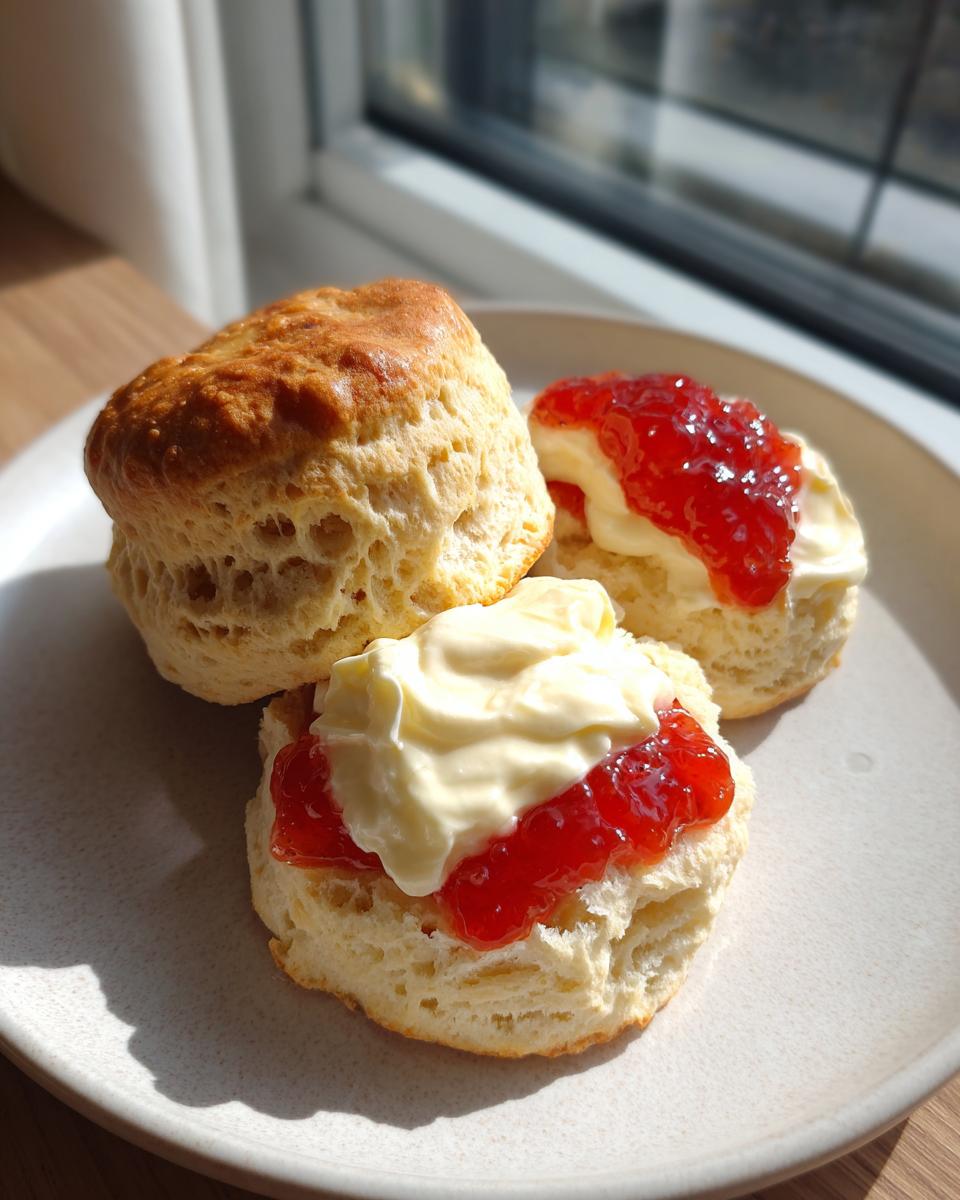 Three freshly baked clotted cream scones, two topped with jam and clotted cream, sitting on a light plate near a window.
