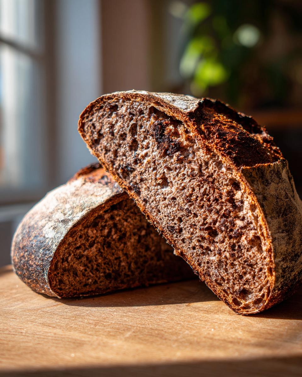 Close-up of a Cocoa nib sourdough loaf cut in half, showing the dark, open crumb texture.