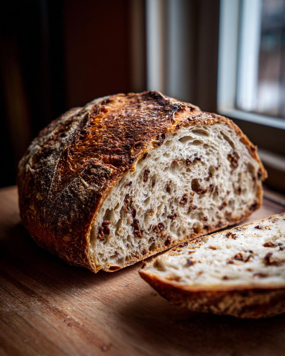 A rustic loaf of cocoa nib sourdough bread, sliced open to show the airy crumb dotted with dark cocoa nibs.