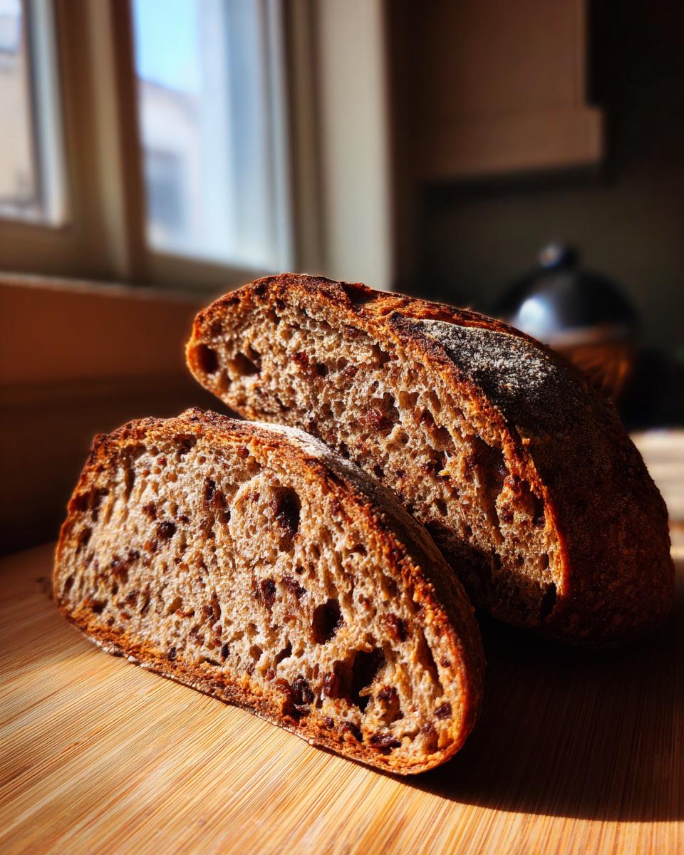 Two thick slices of dark, open-crumb Cocoa nib sourdough bread resting on a wooden cutting board, illuminated by sunlight.