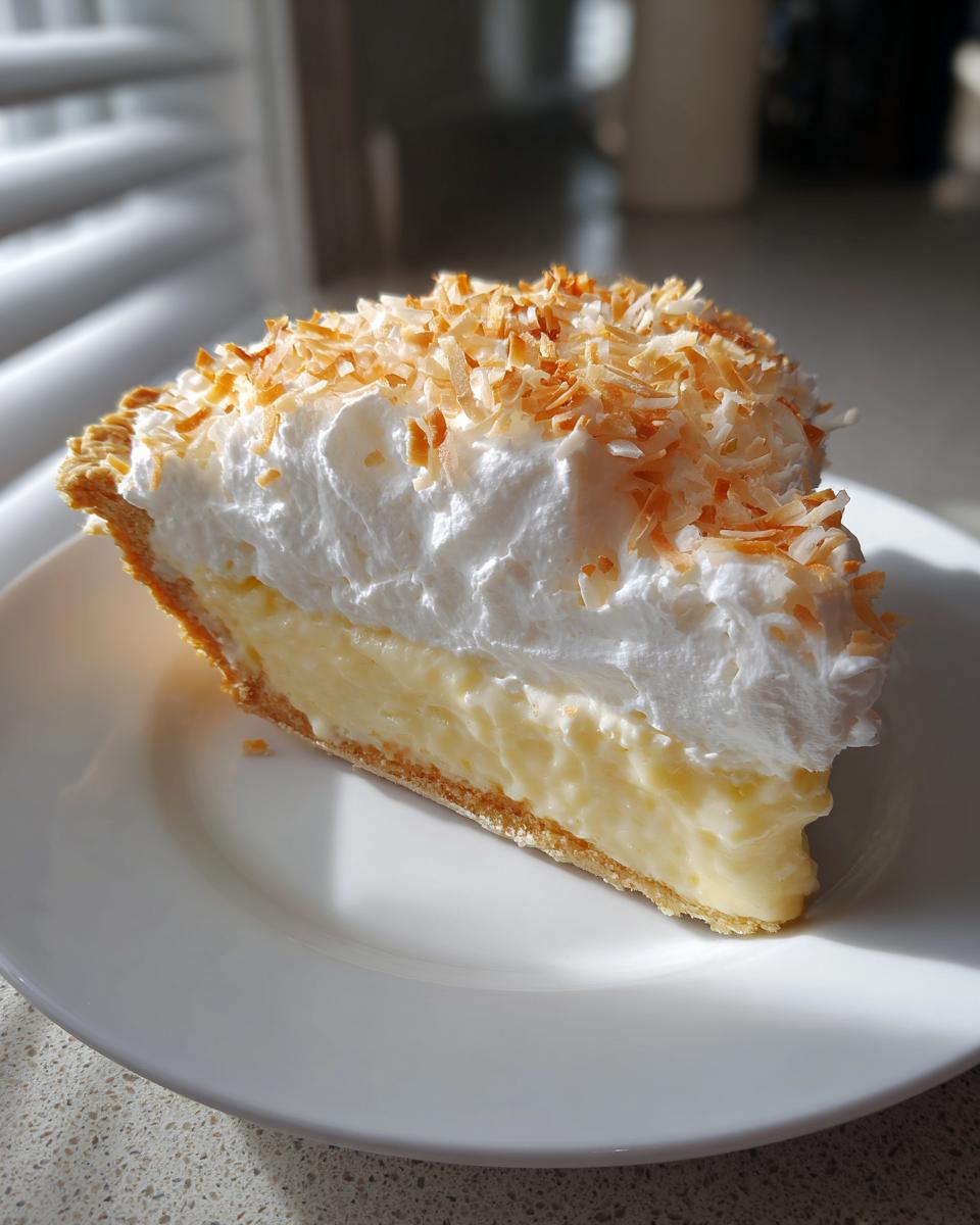 A perfect slice of Coconut cream pie featuring a thick custard layer, whipped cream, and toasted coconut flakes.