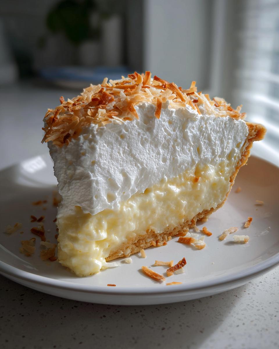 A tall slice of Coconut cream pie showing layers of crust, creamy filling, whipped topping, and toasted coconut flakes.