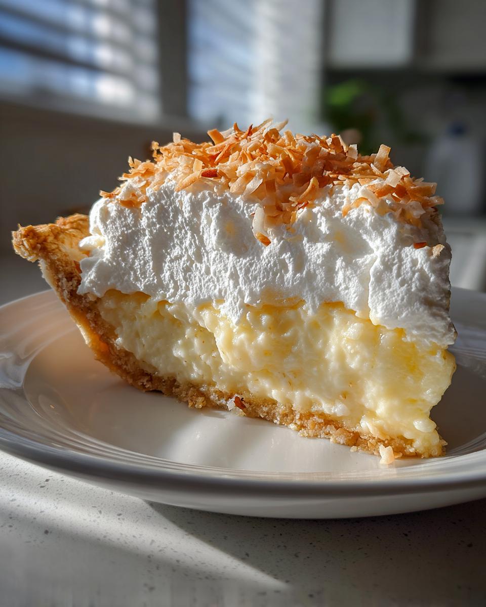 A perfect slice of rich Coconut cream pie featuring a thick custard filling, whipped cream, and toasted coconut flakes.