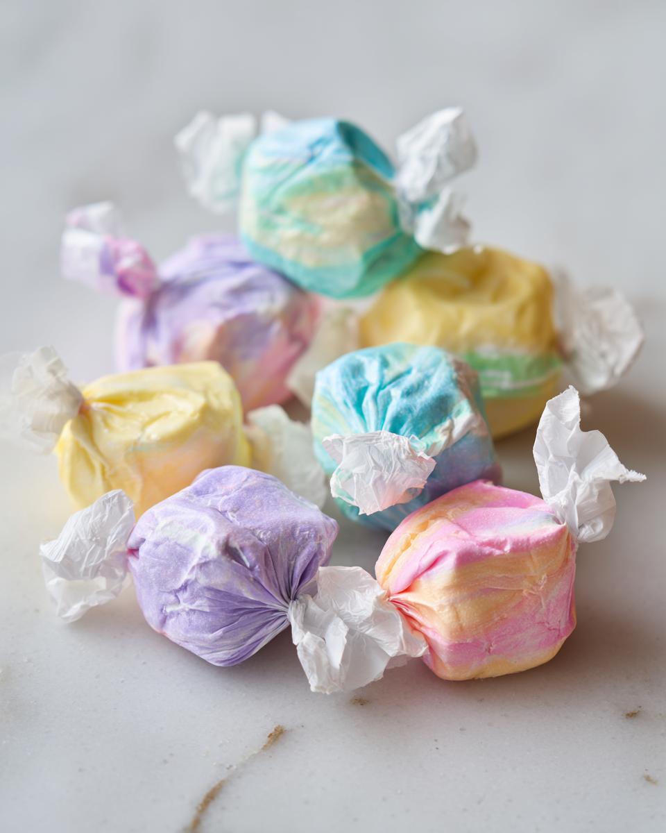 A small pile of colorful, individually wrapped salt water taffy candies resting on a white marble surface.